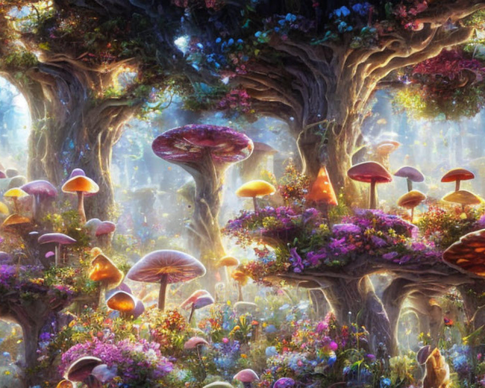 Enchanting Twilight Forest with Oversized Mushrooms and Luminous Flora