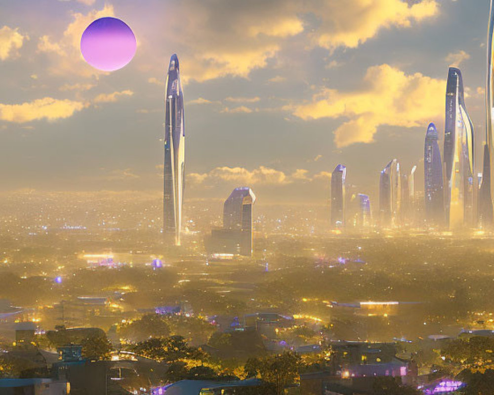 Futuristic city skyline with tall illuminated buildings and large purple sphere