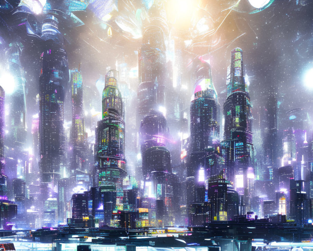Futuristic night cityscape with neon-lit skyscrapers & falling meteorites