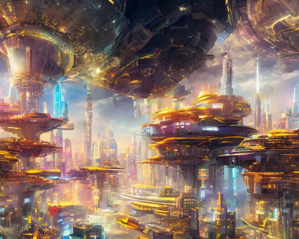 Futuristic cityscape with towering skyscrapers and floating platforms