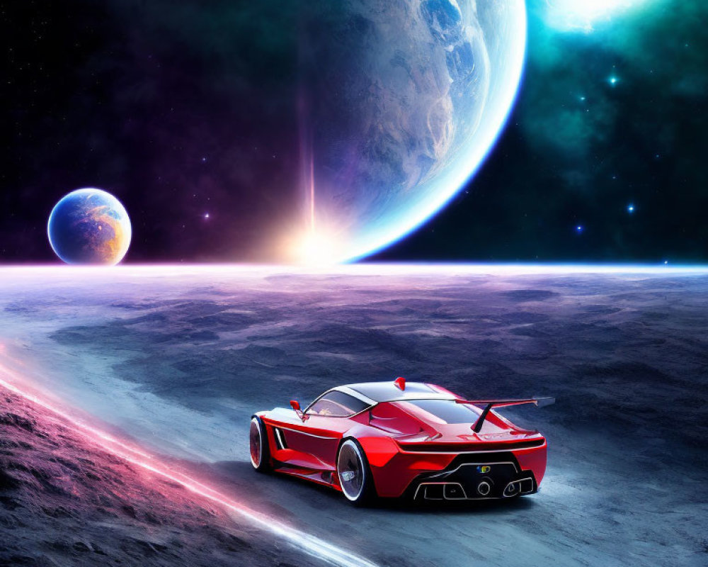 Red Sports Car on Grey Lunar Surface with Planets and Star Background