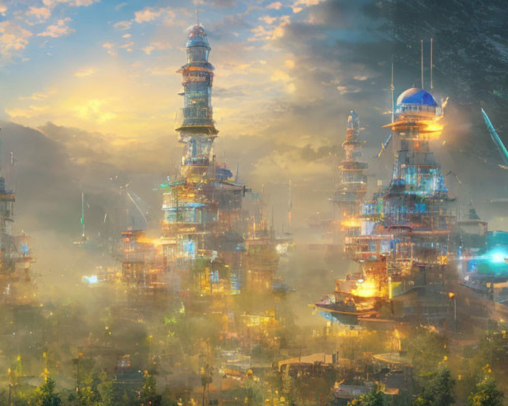 Futuristic sci-fi cityscape with illuminated towers and golden sky