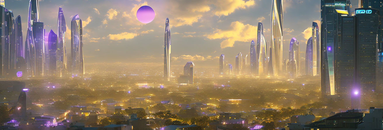 Futuristic city skyline with tall illuminated buildings and large purple sphere
