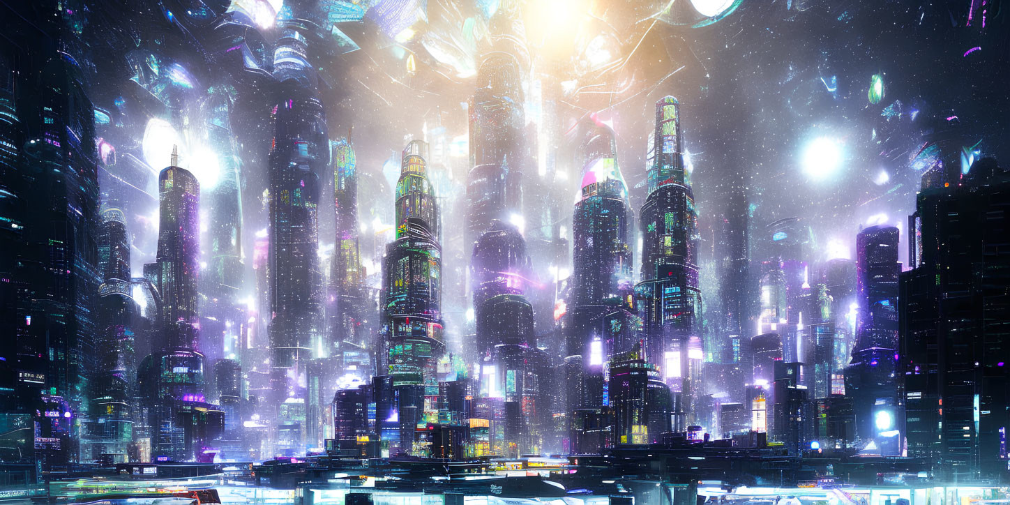 Futuristic night cityscape with neon-lit skyscrapers & falling meteorites