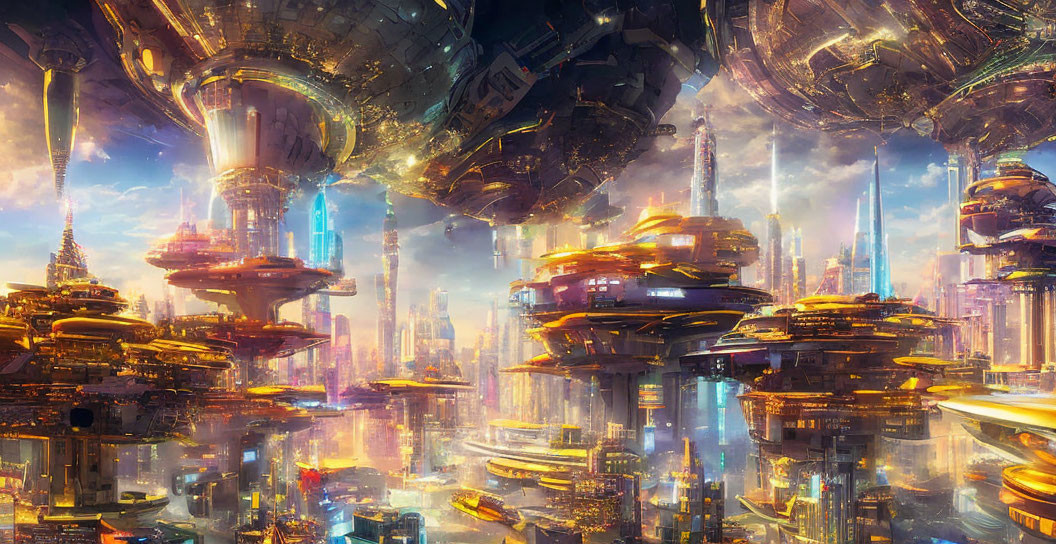 Futuristic cityscape with towering skyscrapers and floating platforms