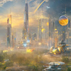 Futuristic sci-fi cityscape with illuminated towers and golden sky