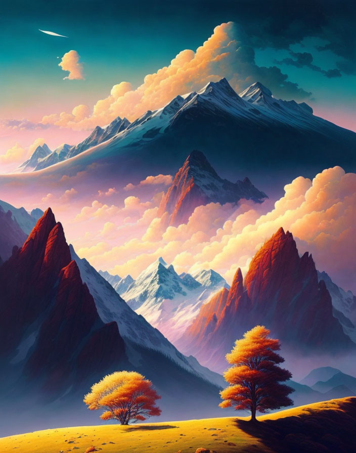 Colorful landscape with red mountains, orange trees, and snowy peak