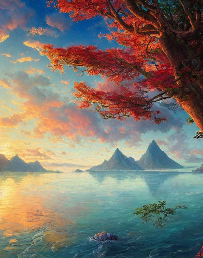 Serene landscape painting with red trees, calm waters, and sunset sky