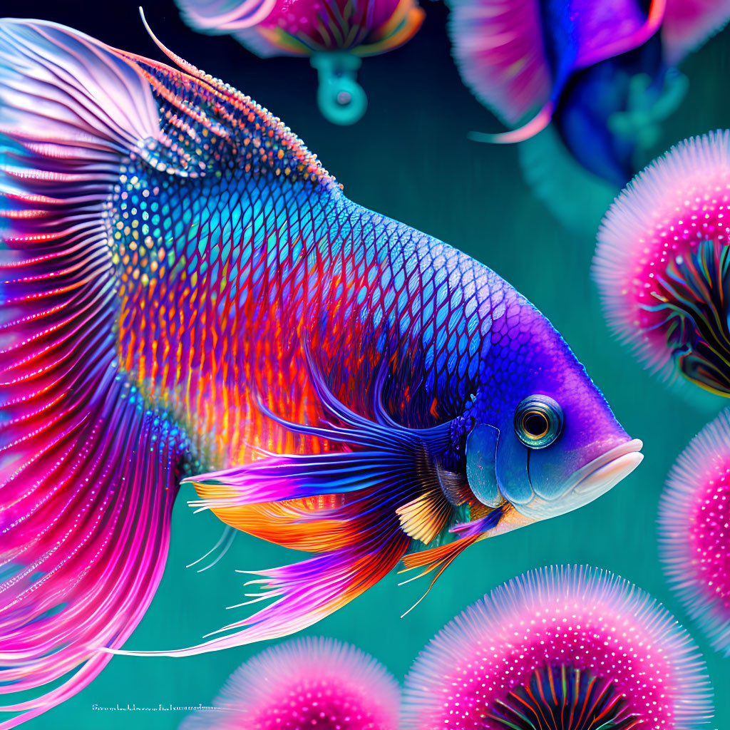 Colorful Siamese Fighting Fish Illustration with Aquatic Flora Background