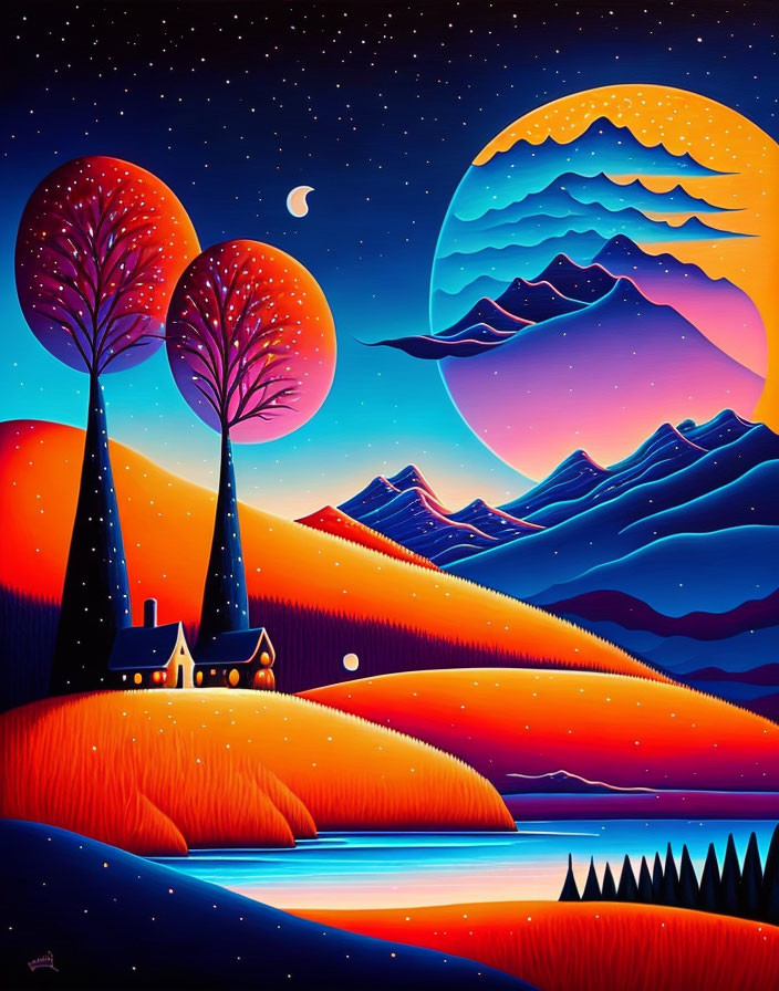 Colorful landscape painting with tall trees, house, hills, moon, stars, gradient sky.