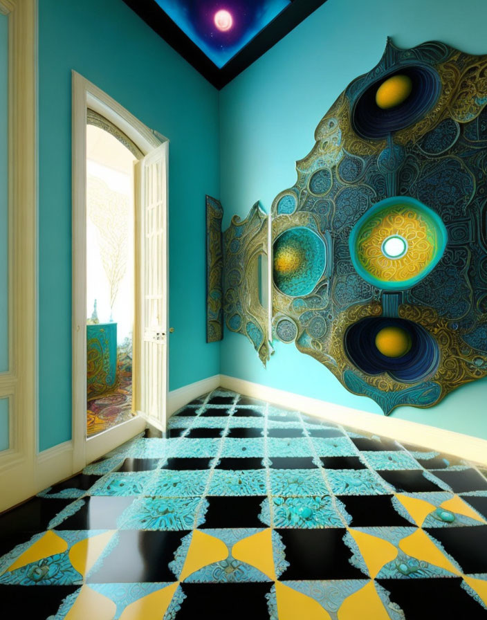 Teal Walls, Checkered Floor, Peacock Feather Wall Ornament in Vibrant Room