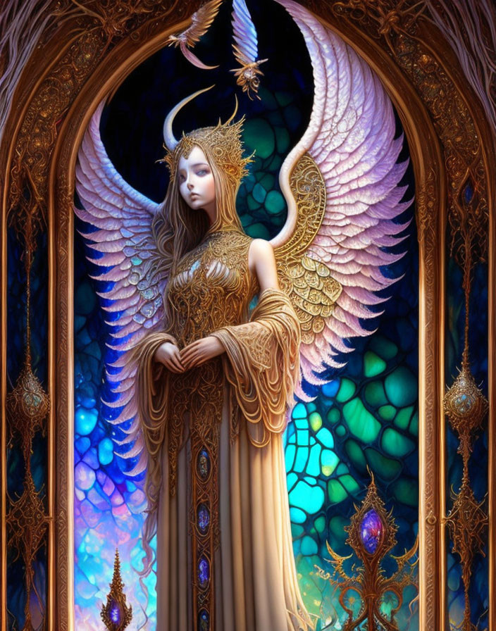 Ethereal figure with feathered wings in golden attire before stained glass archway