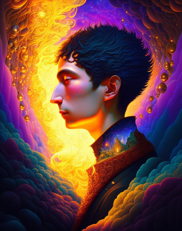 Profile view digital art with cosmic backdrop and swirling galaxies.