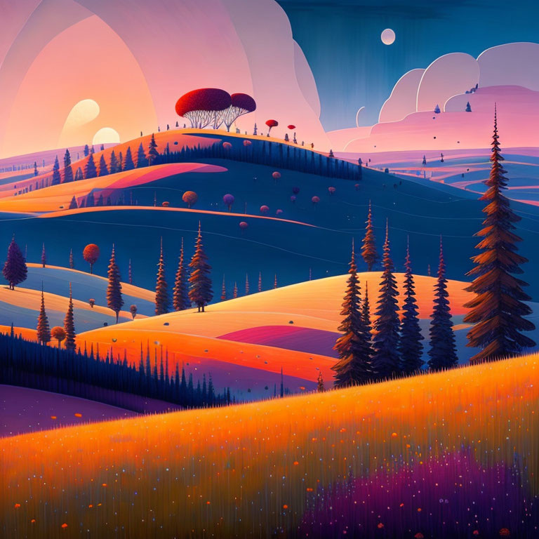 Surreal landscape with stylized hills, trees, and moons in purple and orange palette