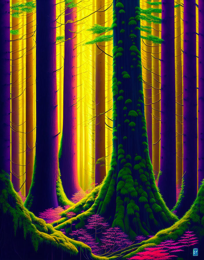 Mystical forest digital art with yellow-lit trees and purple foliage