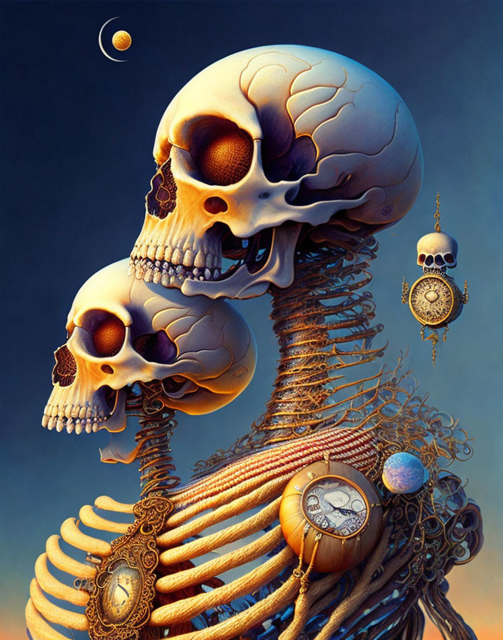 Interconnected human skulls with clockwork and jewelry on blue gradient background