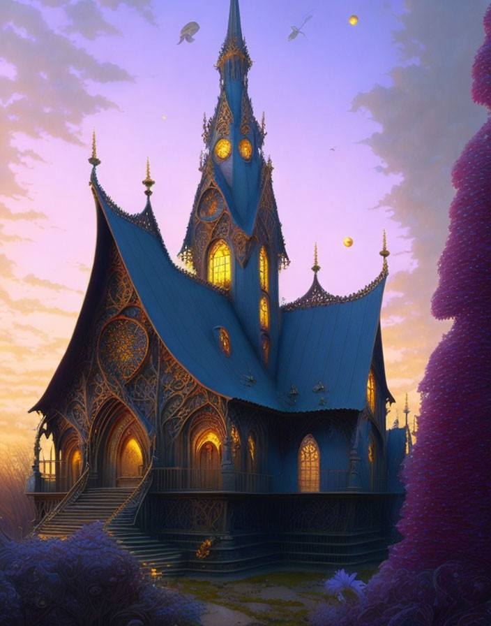 Fantasy castle with ornate spires and glowing windows at twilight