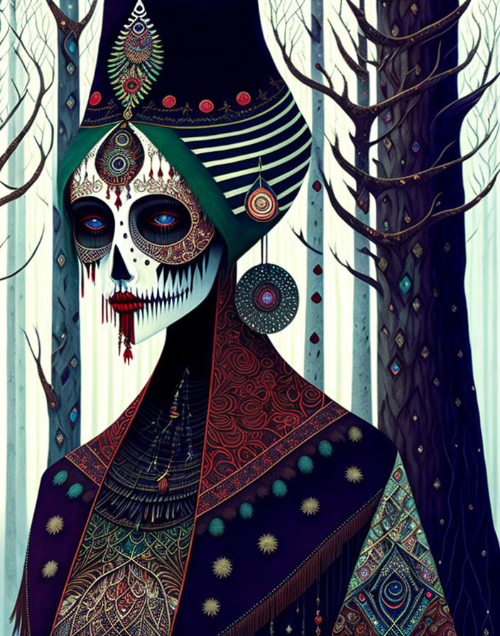 Colorful Day of the Dead Sugar Skull Face Paint in Forest Setting