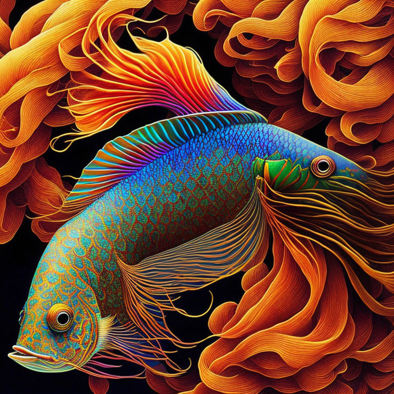 Colorful Fish Digital Art with Flowing Fins & Intricate Patterns