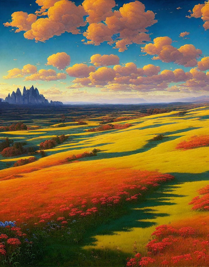 Scenic landscape with yellow fields, red flowers, blue skies, and mountains
