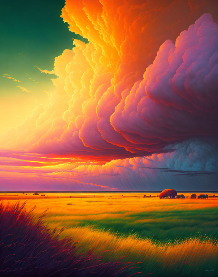 Dramatic sunset landscape with vibrant cumulus clouds