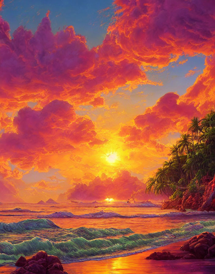 Vivid Tropical Sunset Over Serene Beach