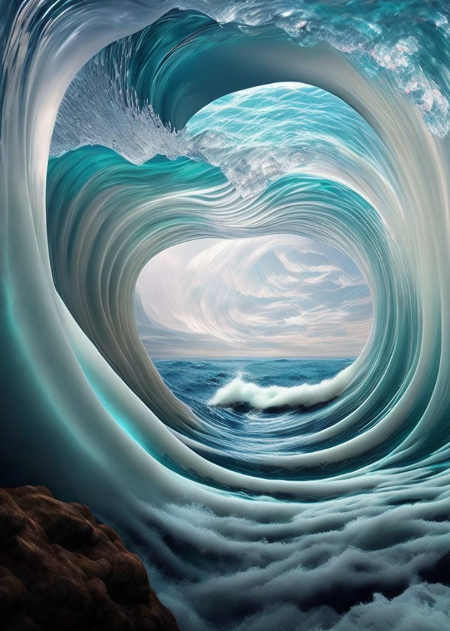 Surreal heart-shaped wave with aqua and blue hues in tranquil ocean scene