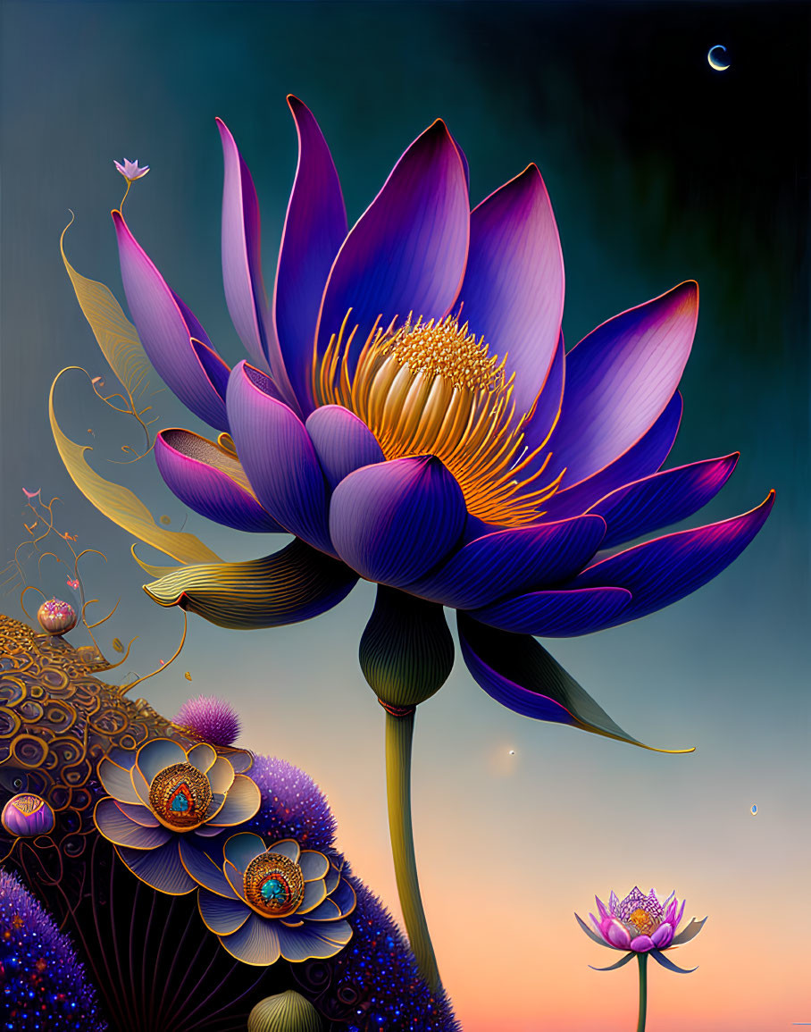 Large purple lotus digital artwork against twilight sky with intricate details