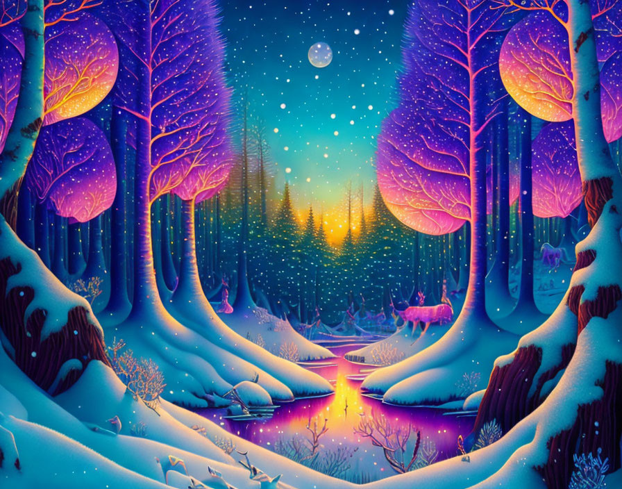 Colorful Winter Forest Scene: Vibrant Trees, Starry Sky, Deer by Stream