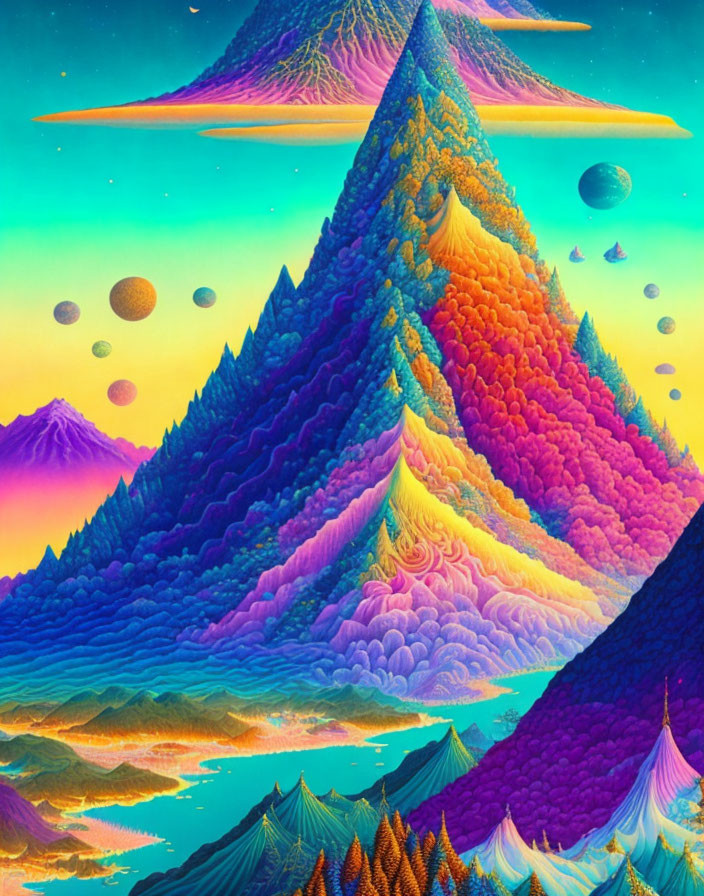 Colorful Psychedelic Mountains with Planets in Surreal Alien Landscape