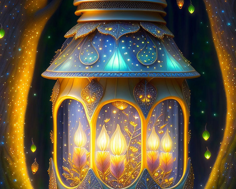 Intricate lantern with candles in magical forest setting