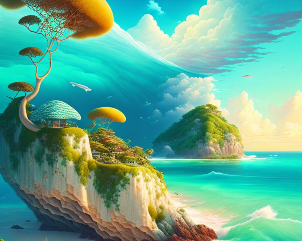 Fantastical seascape with oversized mushrooms and wave-like hills overlooking a serene turquoise ocean.