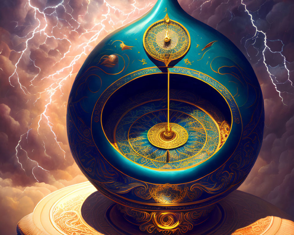 Cosmic hourglass with ornate design under stormy skies