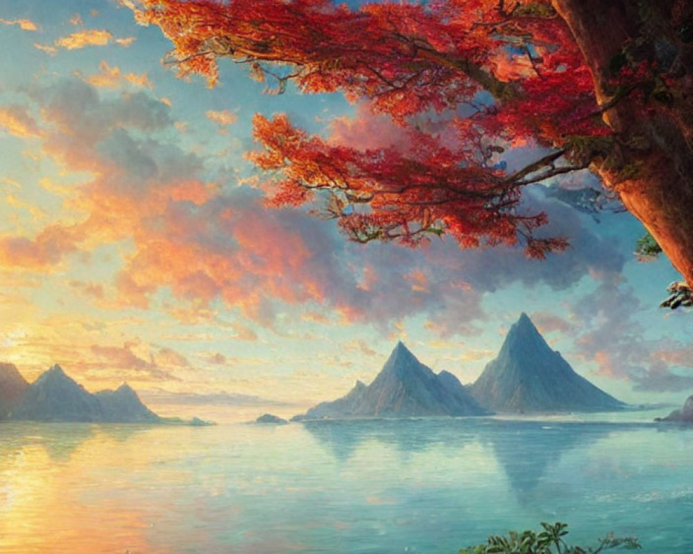 Serene landscape painting with red trees, calm waters, and sunset sky