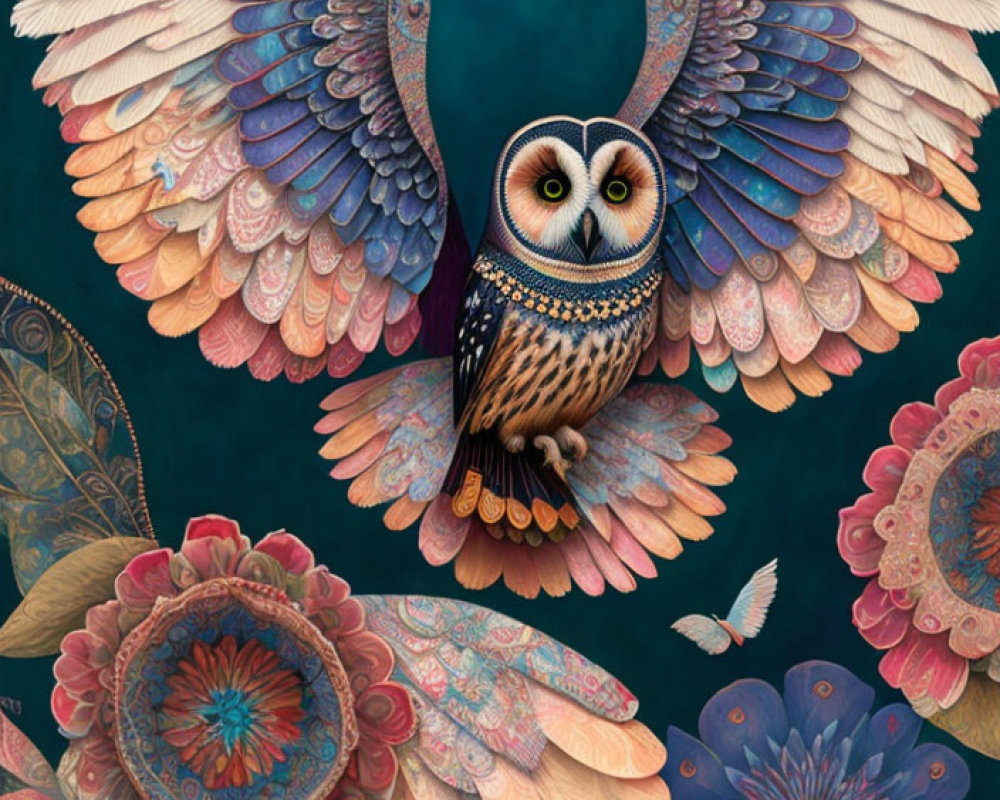 Ornate owl illustration in flight with vibrant, patterned wings amidst floral designs on teal background