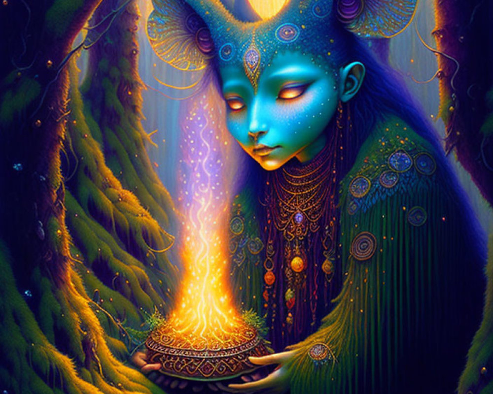 Blue-skinned creature with horned head in magical forest holding golden flame bowl