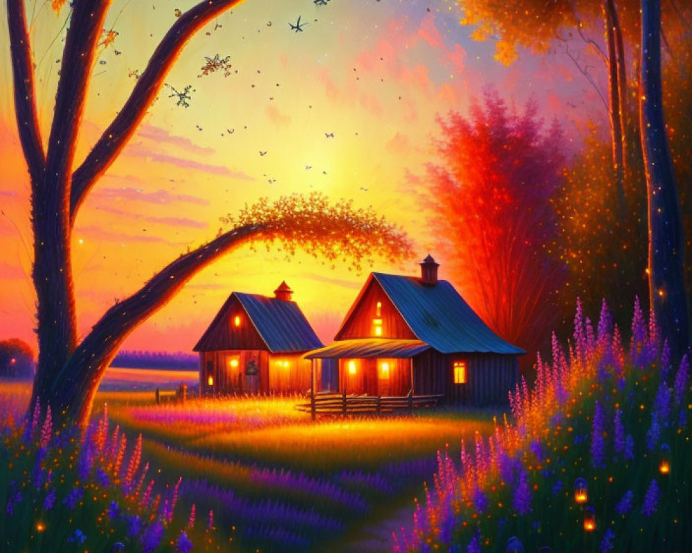 Twilight scene with glowing cottages, meadow, trees, and birds.