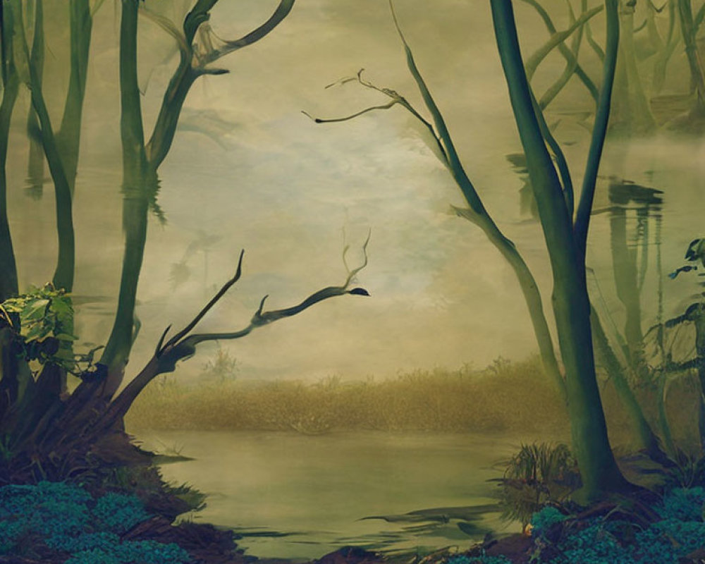 Tranquil misty forest scene with tall trees and still blue water
