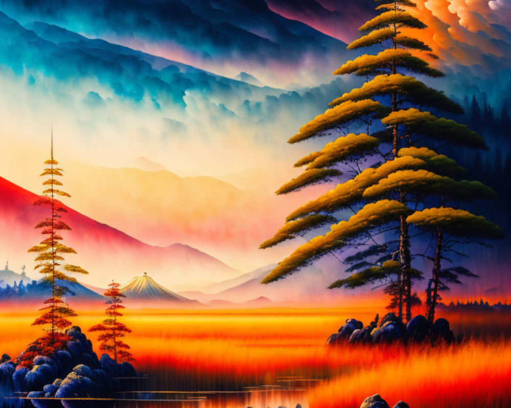 Surreal landscape with fiery skies, calm waters, evergreen trees, mountains, and dramatic clouds