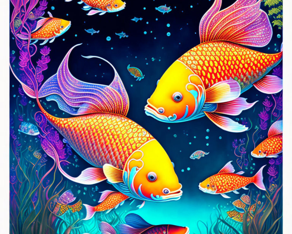 Vibrant golden koi fish among marine plants and fish