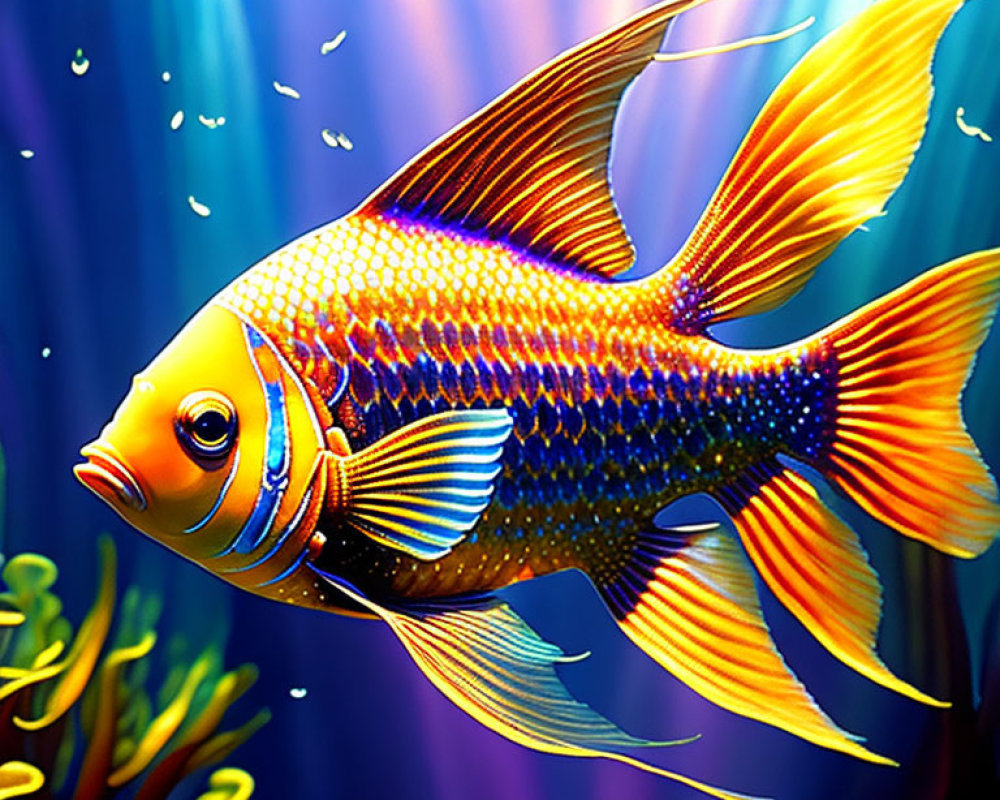 Vibrant Yellow and Blue Tropical Fish Swimming Underwater