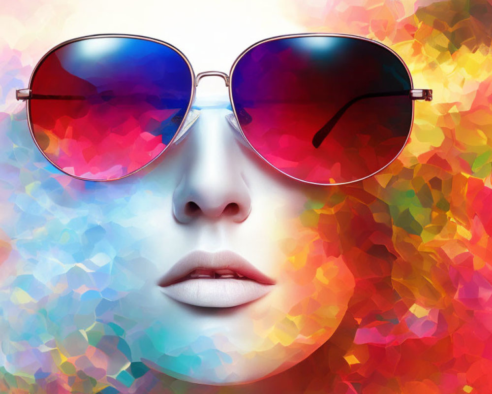 Woman's face with oversized aviator sunglasses on vibrant abstract background
