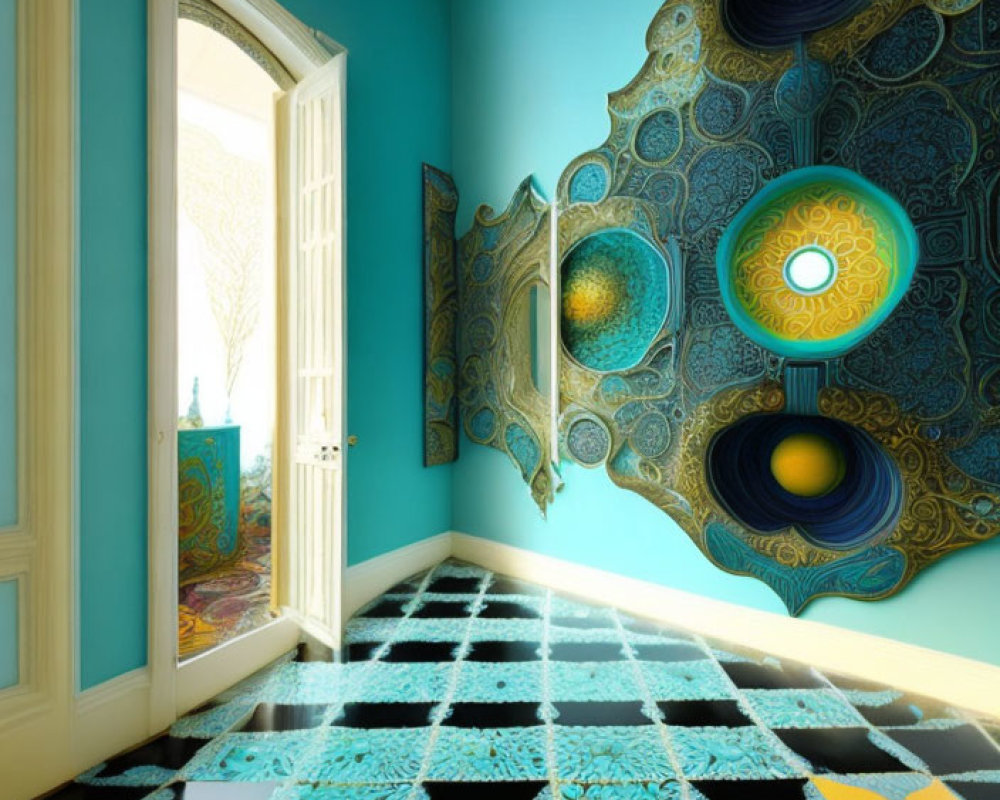 Teal Walls, Checkered Floor, Peacock Feather Wall Ornament in Vibrant Room