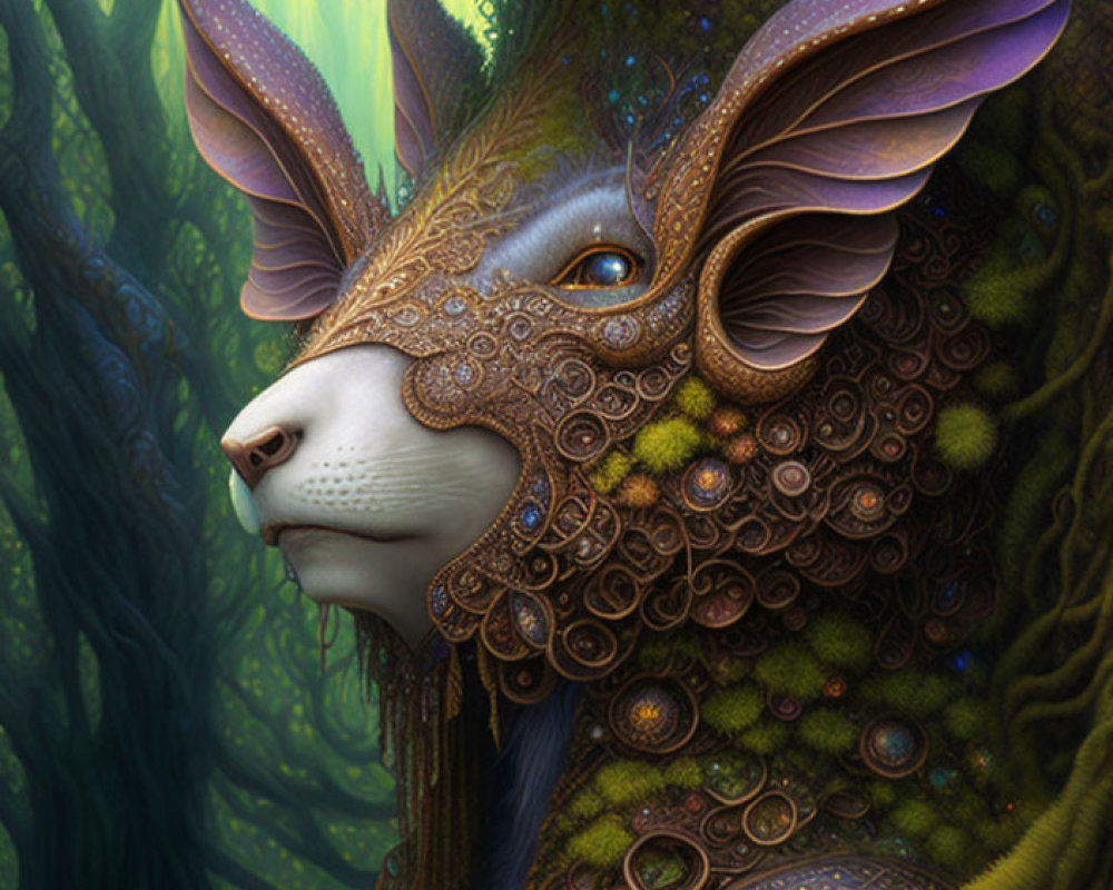 Elaborate forest creature with flora and fauna textures in lush greenery