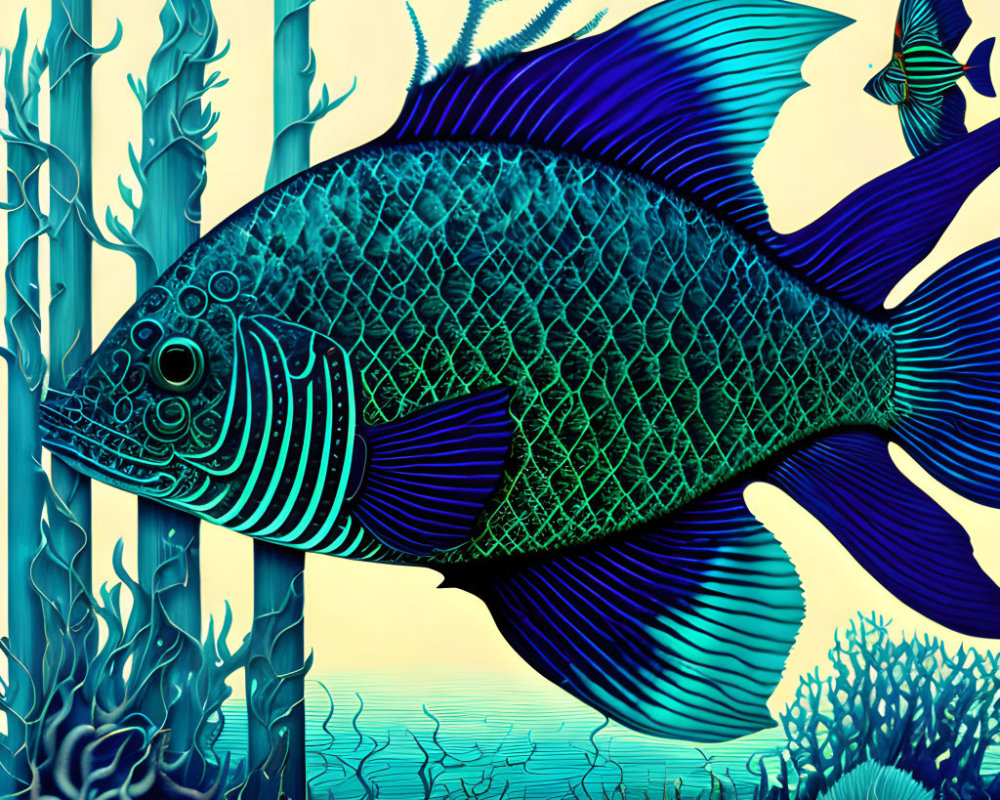 Colorful Illustration of Blue Fish Among Seaweed and Coral