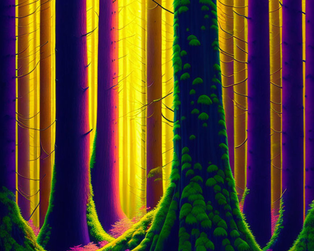 Mystical forest digital art with yellow-lit trees and purple foliage