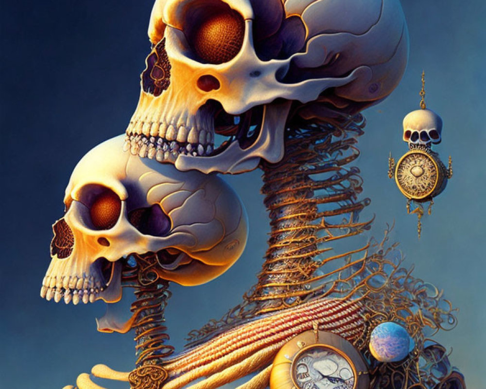 Interconnected human skulls with clockwork and jewelry on blue gradient background