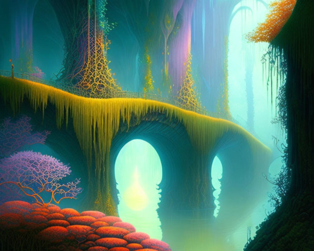 Vibrant trees, arching bridge, and glowing plants in mystical forest.