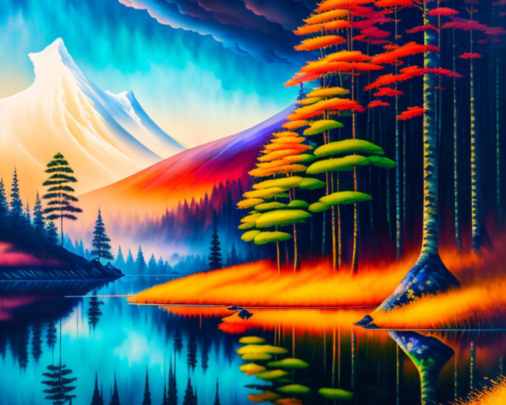 Snow-Capped Mountain and Fiery Trees in Landscape Painting