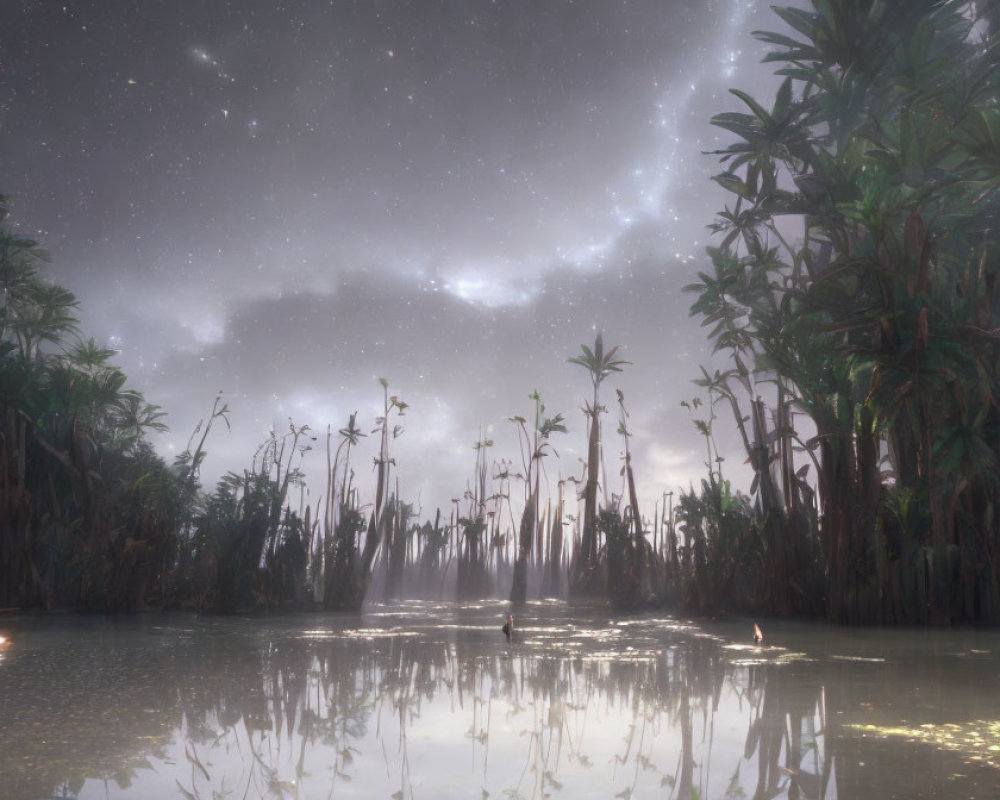 Tranquil swamp at night with starry sky and tall trees reflected in water